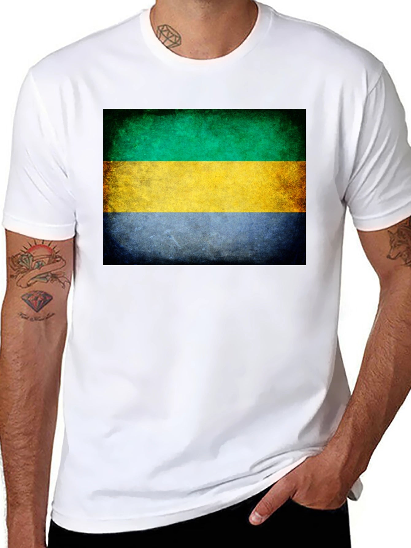 Gabon Flag Graphic T-Shirt - Black Crew Neck Tee