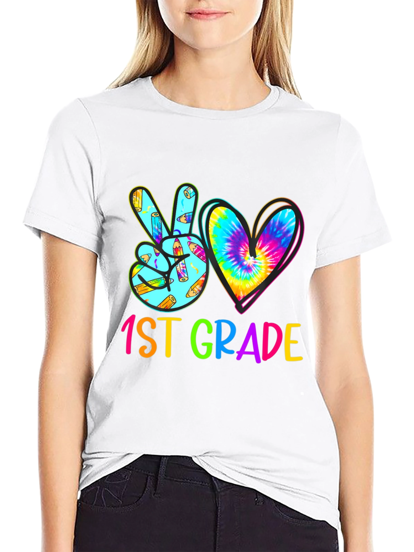 1st Grade Peace Love Heart Tie Dye Teacher T-Shirt