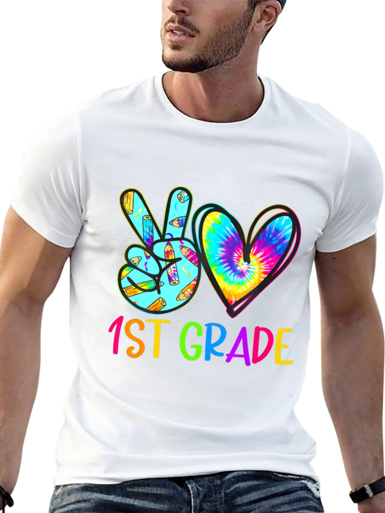 1st Grade Peace Love Heart Tie Dye Teacher T-Shirt