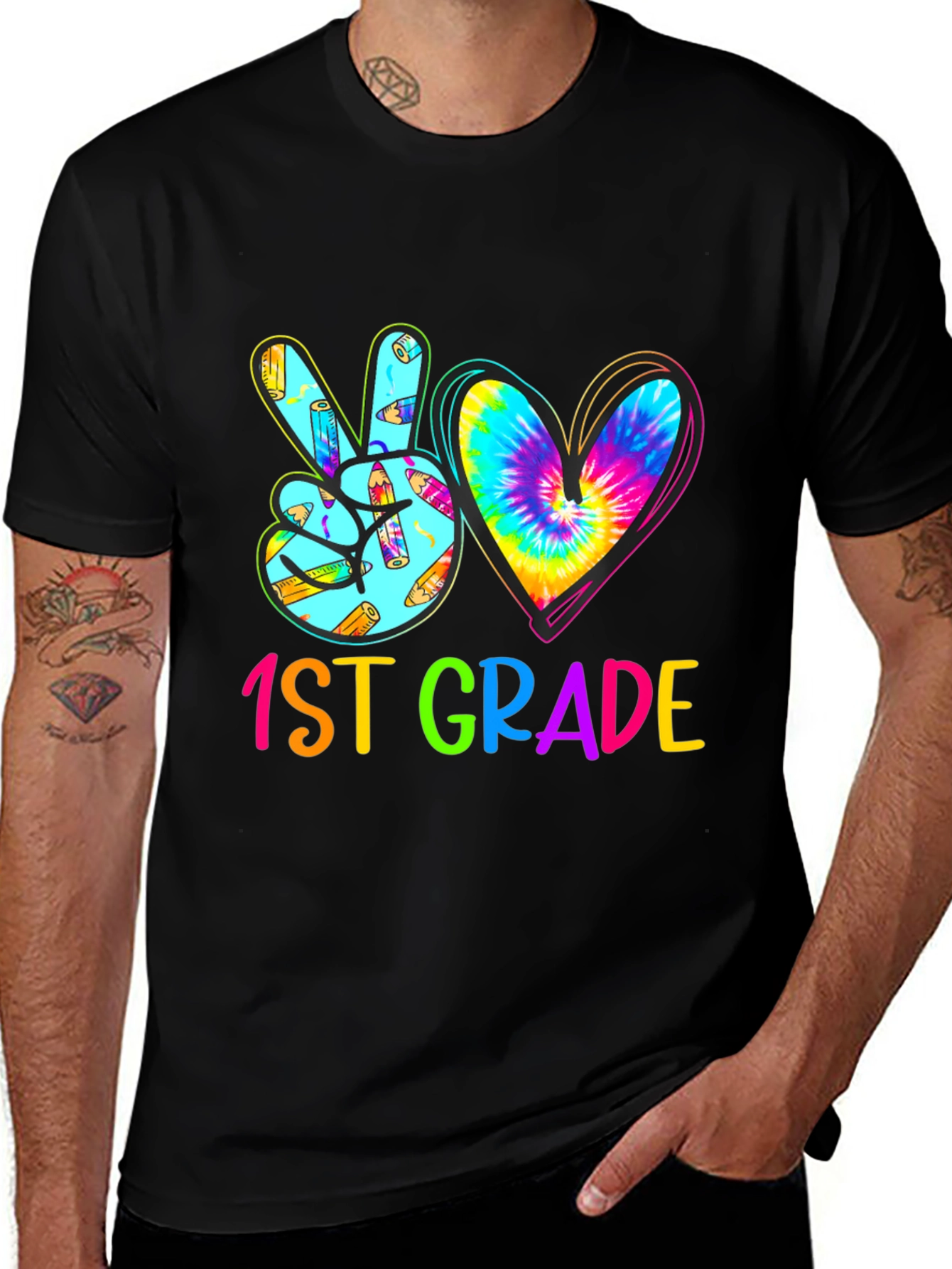 1st Grade Peace Love Heart Tie Dye Teacher T-Shirt