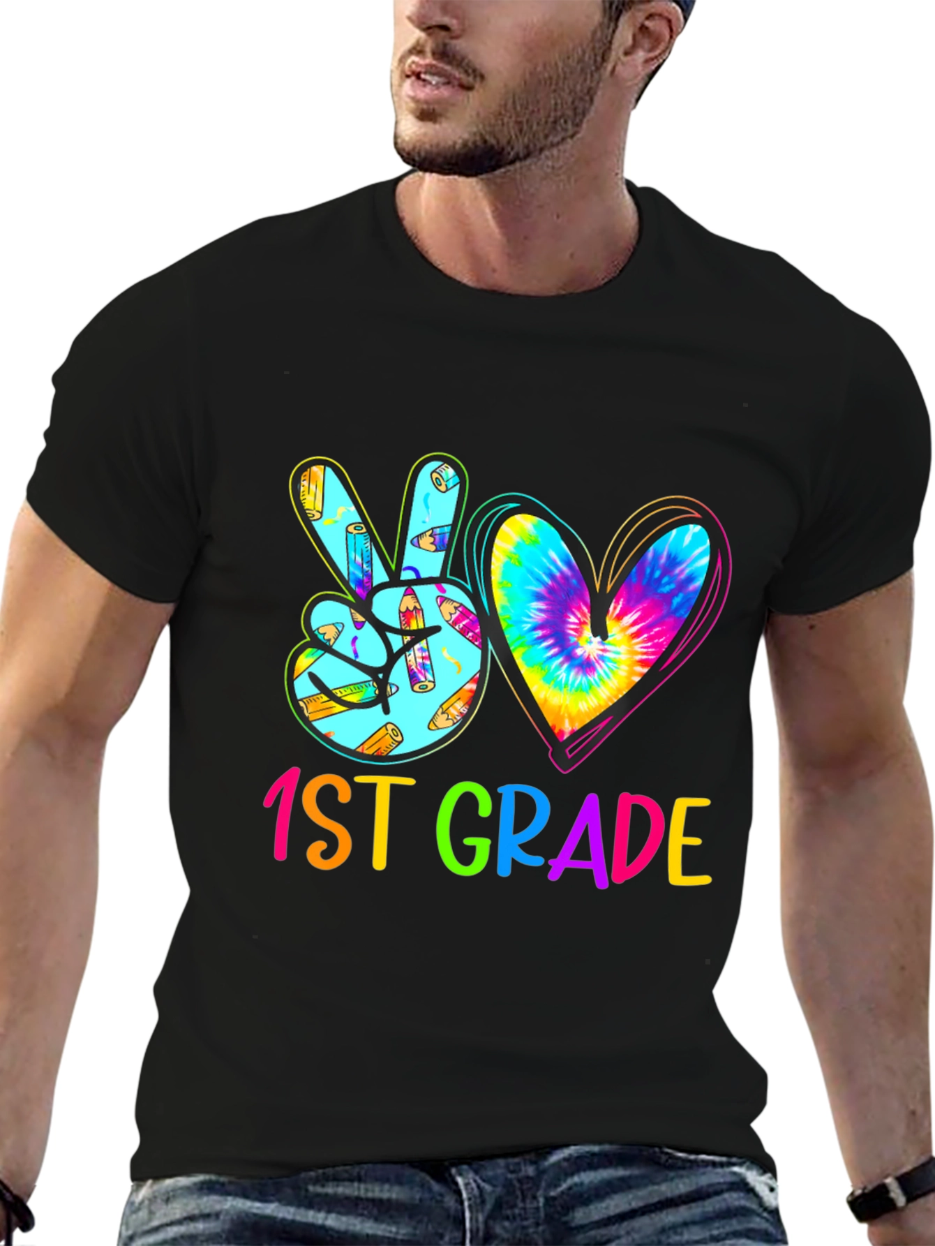 1st Grade Peace Love Heart Tie Dye Teacher T-Shirt