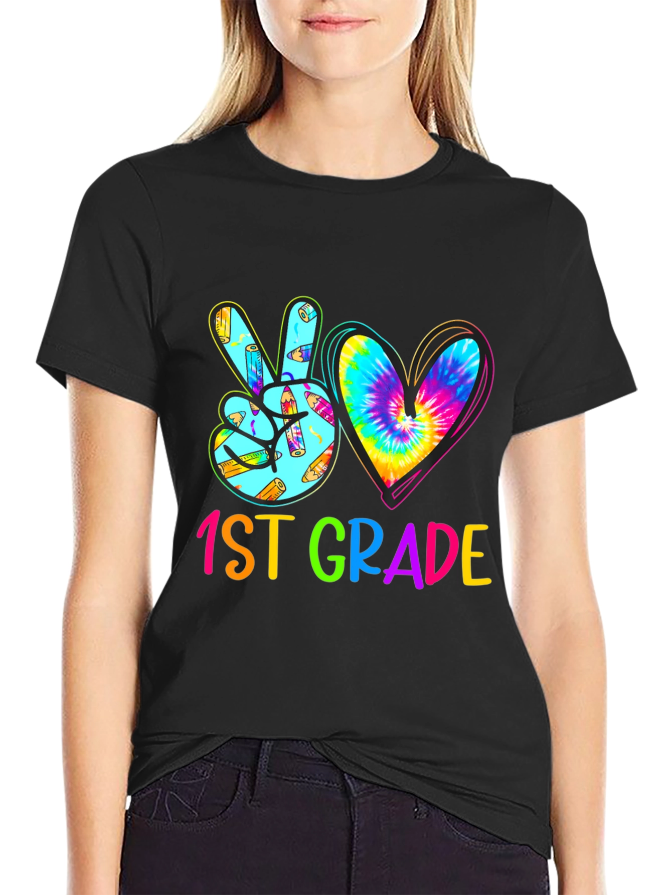 1st Grade Peace Love Heart Tie Dye Teacher T-Shirt