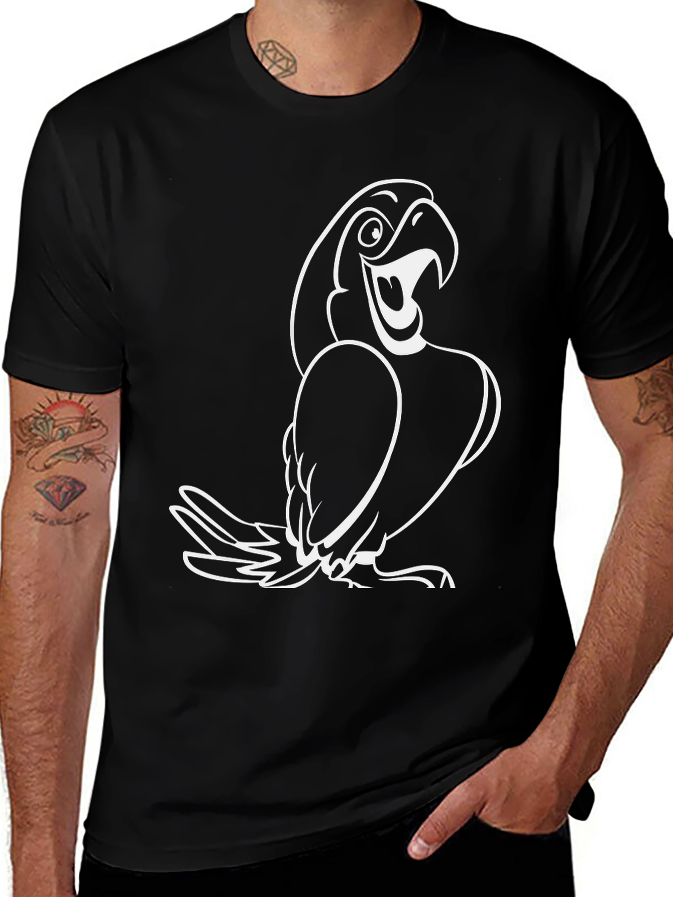 Black T-Shirt with White Cartoon Parrot Graphic