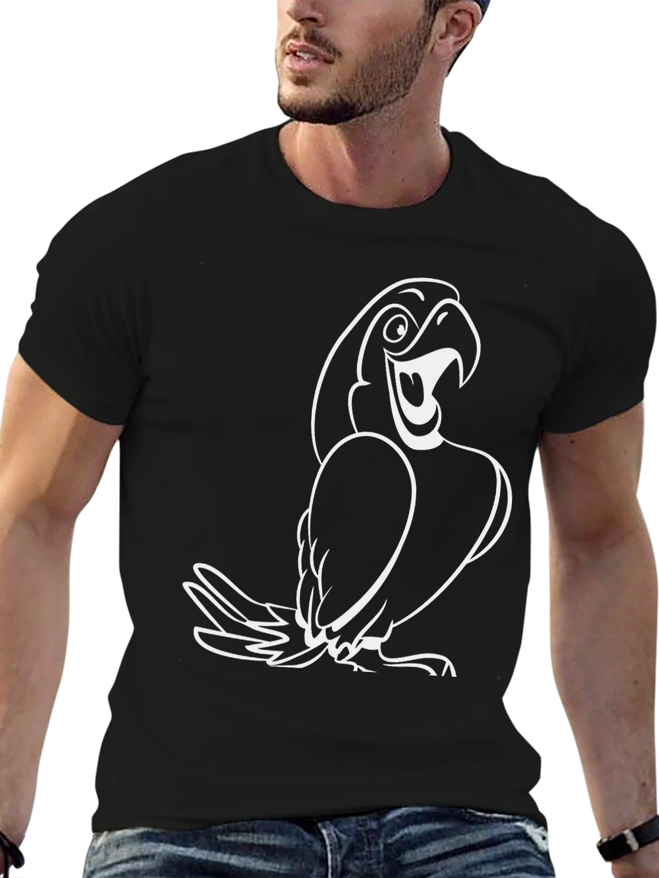 Black T-Shirt with White Cartoon Parrot Graphic