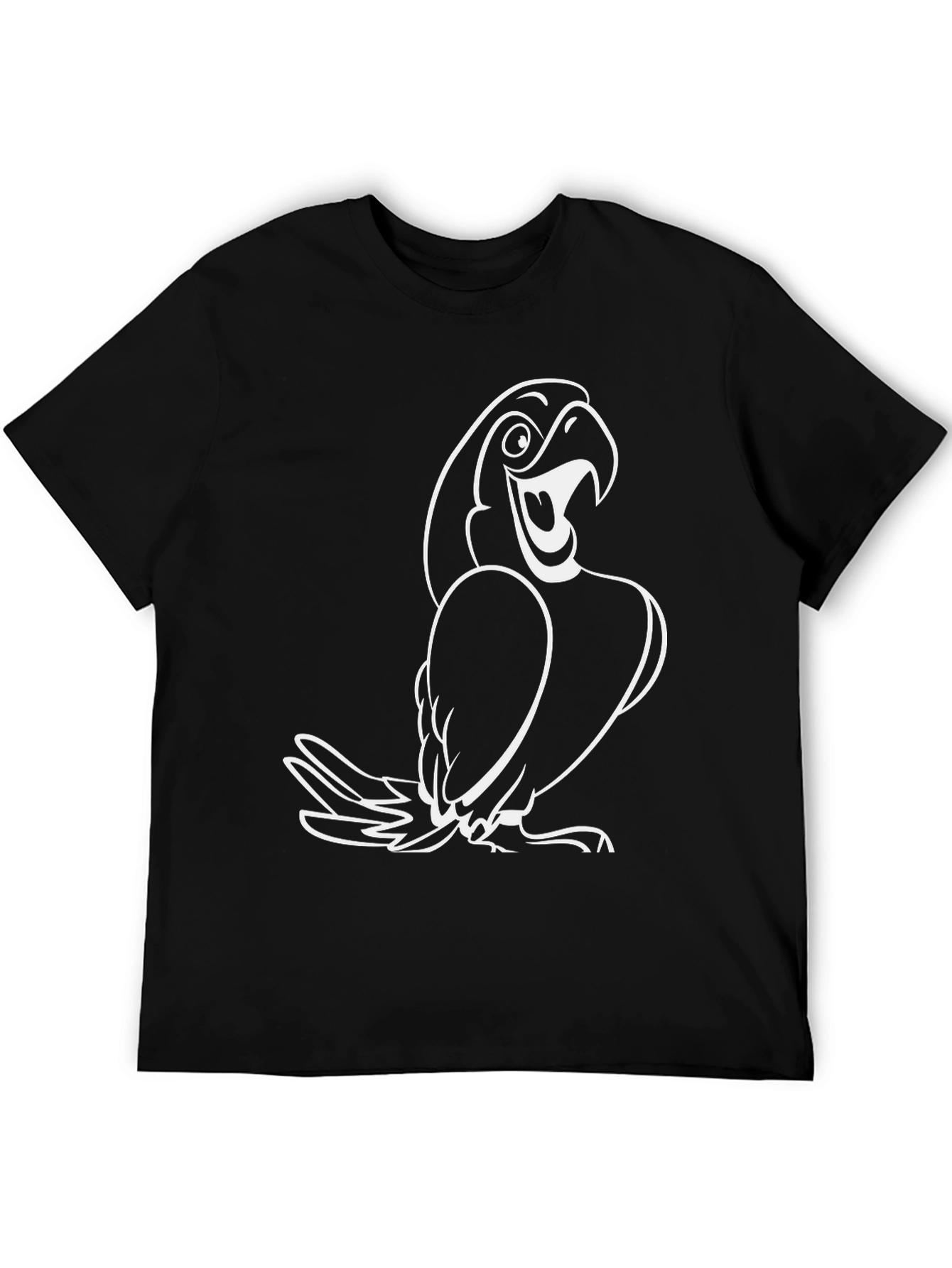 Black T-Shirt with White Cartoon Parrot Graphic