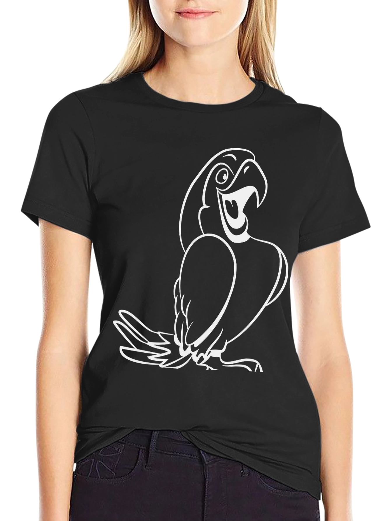 Black T-Shirt with White Cartoon Parrot Graphic