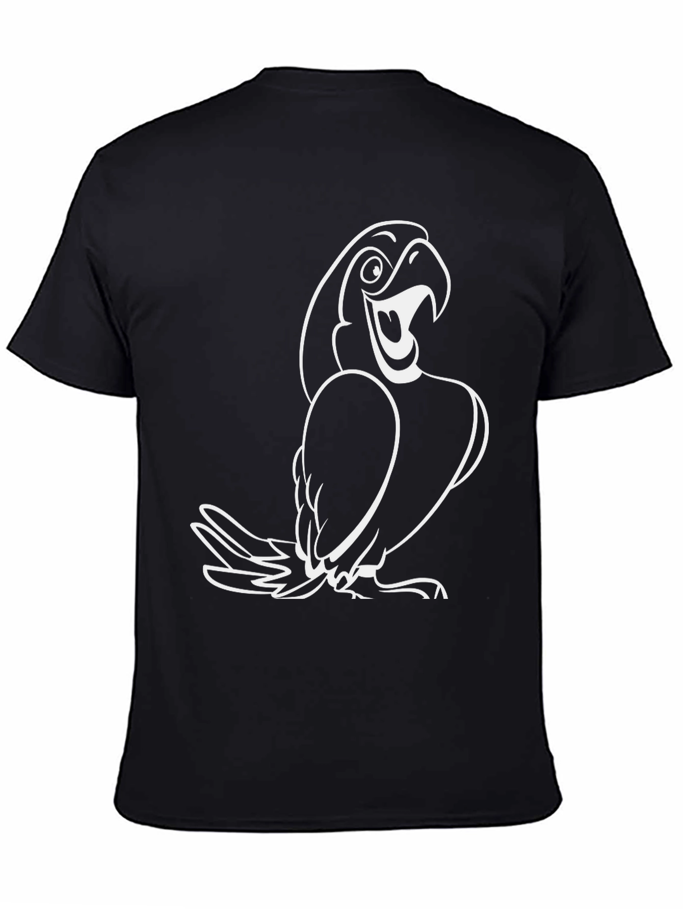 Black T-Shirt with White Cartoon Parrot Graphic