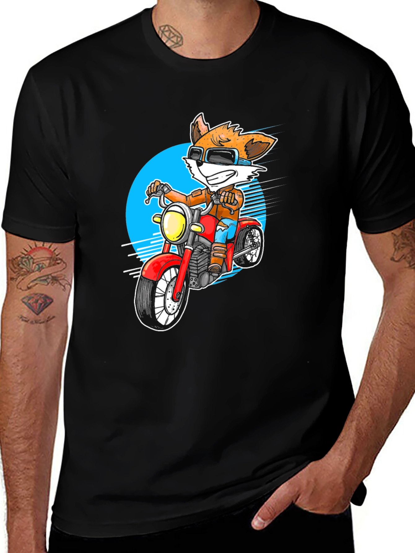 Cool Fox on Motorcycle Graphic Tee - Black