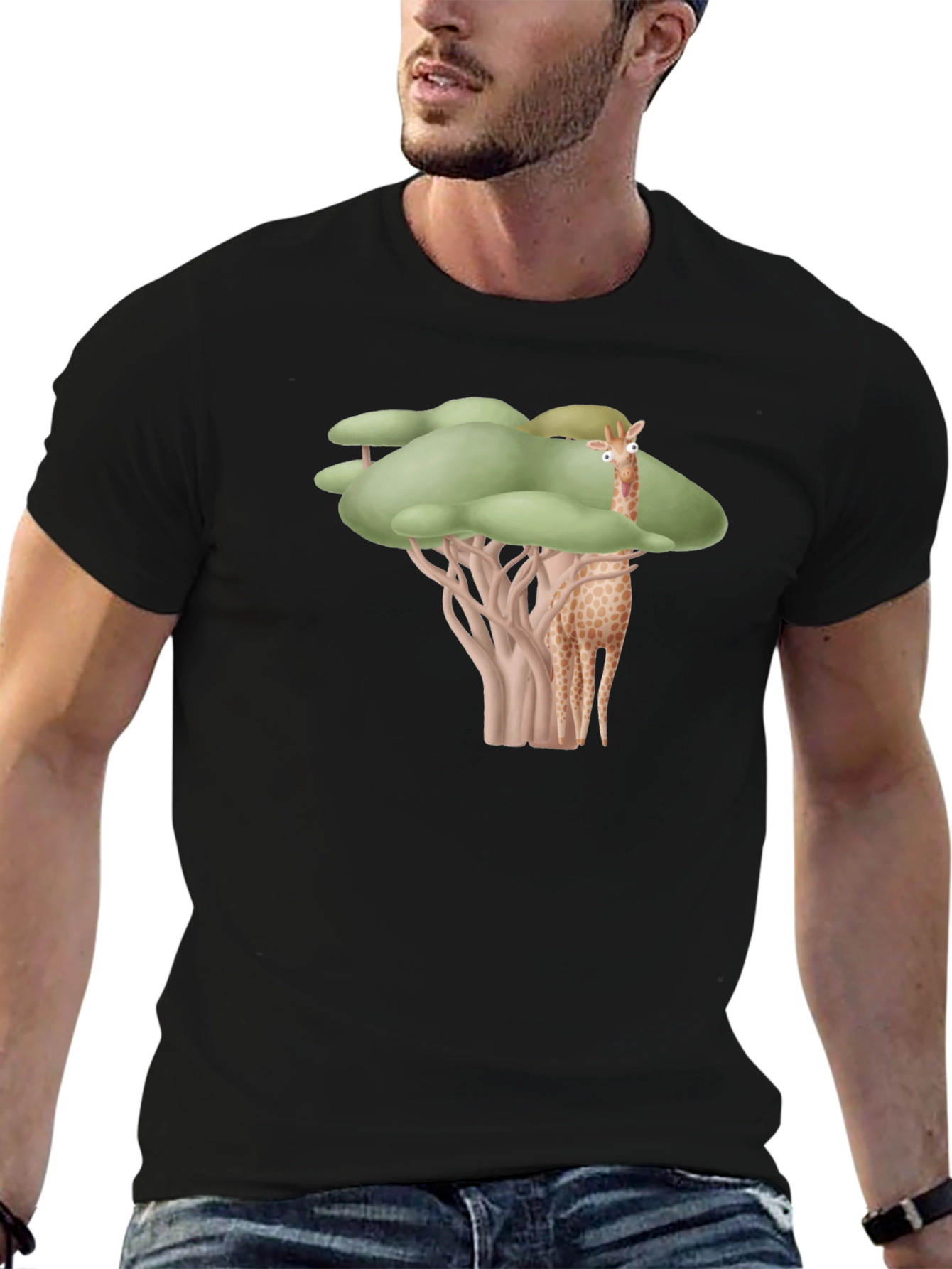 Giraffe Tree Graphic Tee - Black Cotton T-Shirt