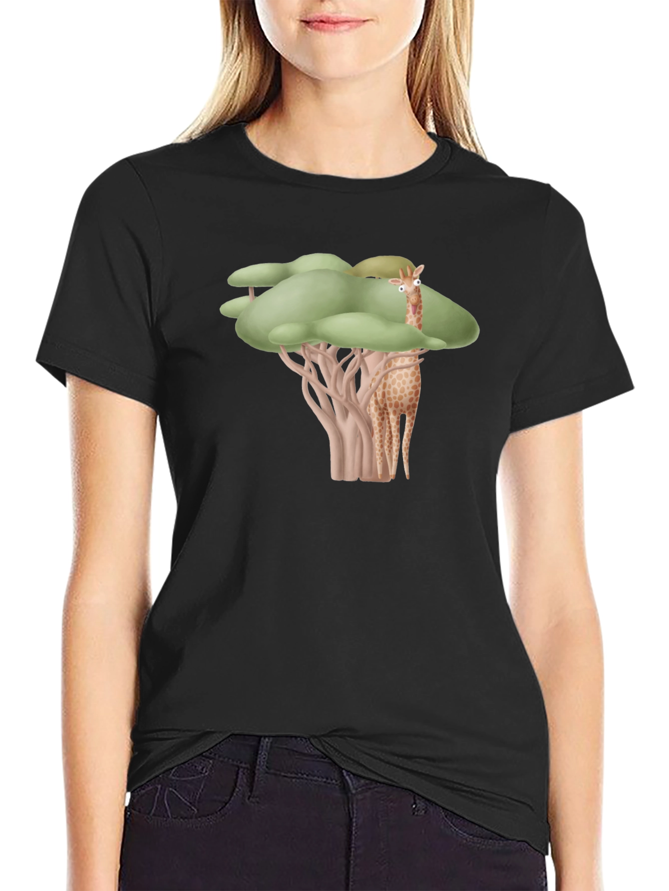 Giraffe Tree Graphic Tee - Black Cotton T-Shirt