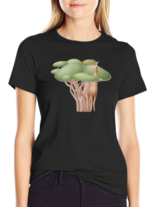 Giraffe Tree Graphic Tee - Black Cotton T-Shirt