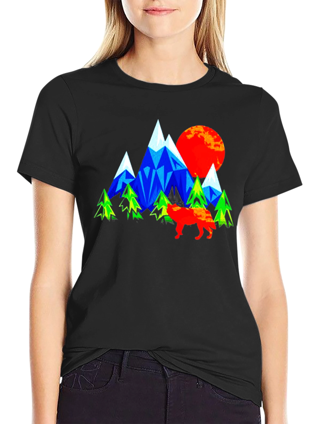 Geometric Mountain Wolf Graphic T-Shirt
