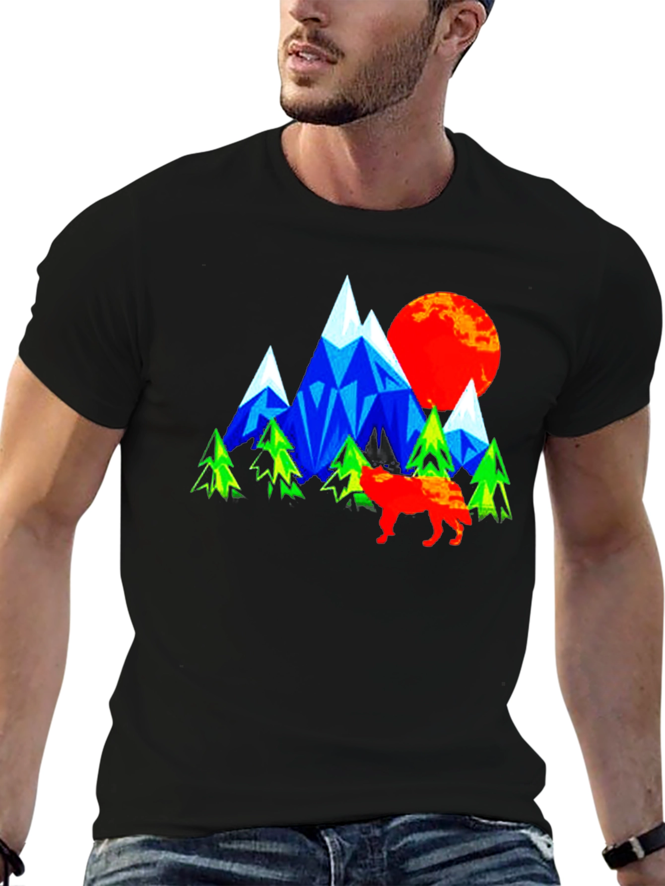 Geometric Mountain Wolf Graphic T-Shirt