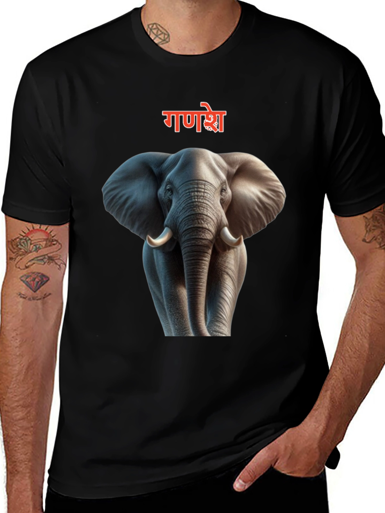 Ganesh Elephant Graphic Print Black T-Shirt