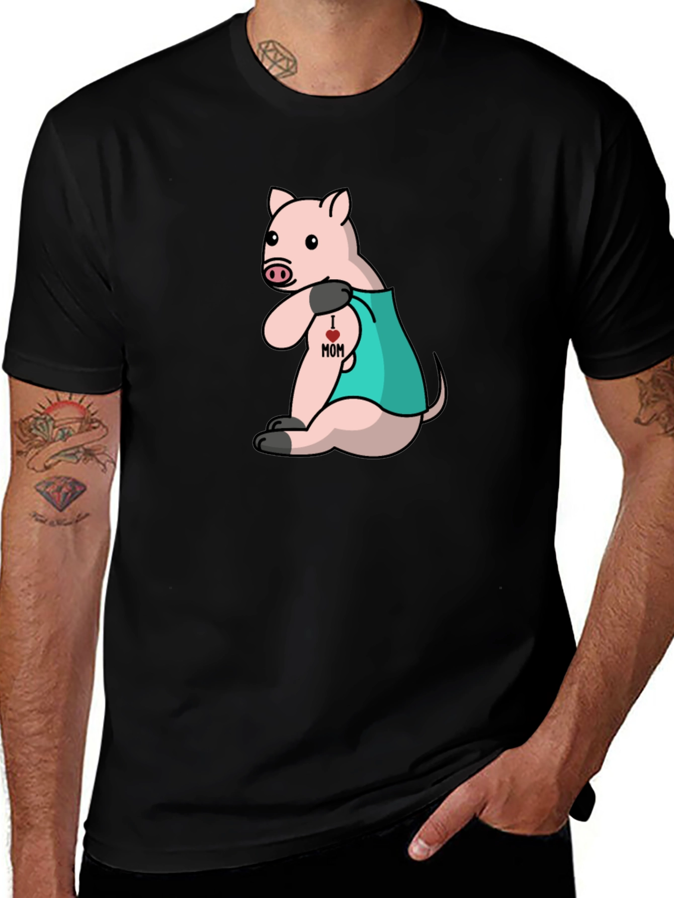 Pig I Love Mom Tattoo Black T-Shirt
