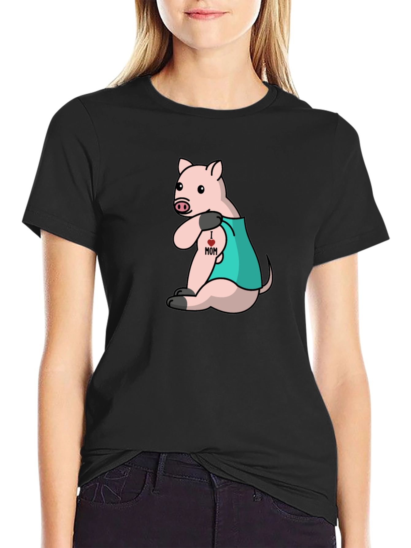 Pig I Love Mom Tattoo Black T-Shirt