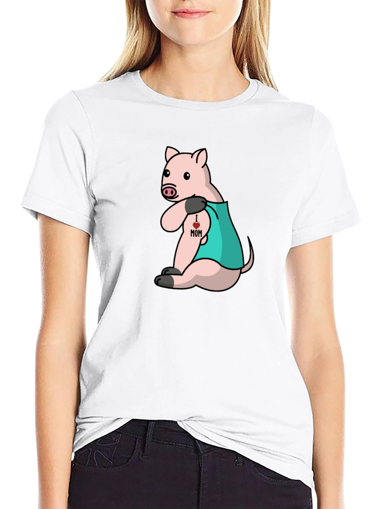 Pig I Love Mom Tattoo Black T-Shirt