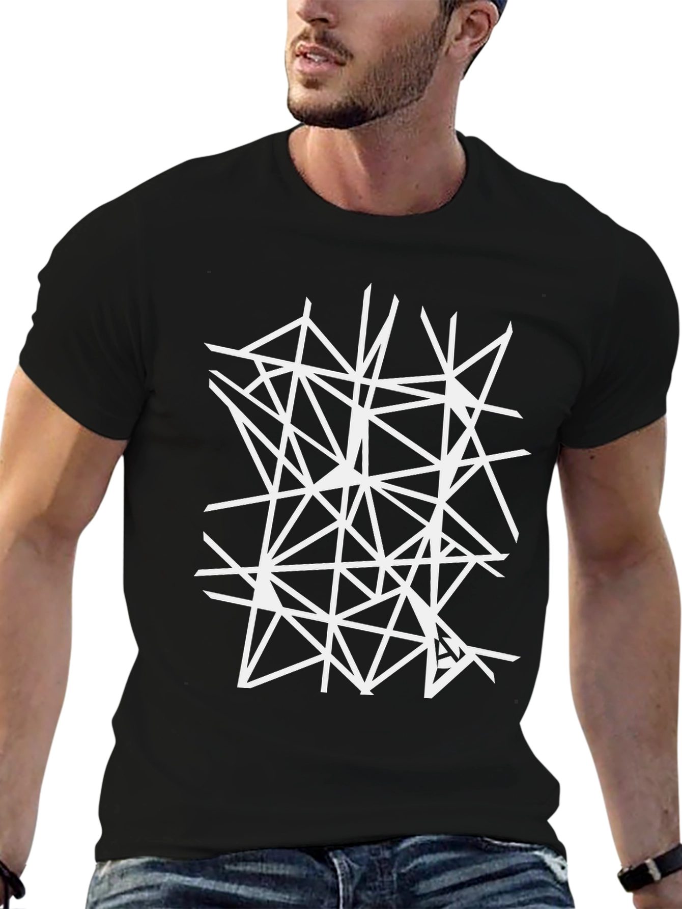 Geometric White Line Art Black T-Shirt