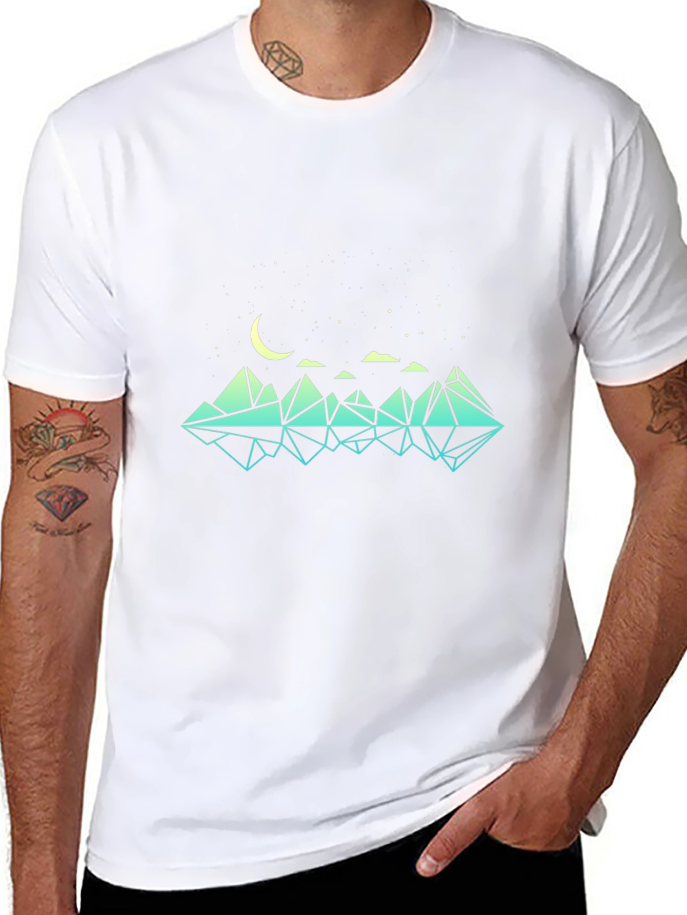 Geometric Mountain & Moon Graphic Black T-Shirt