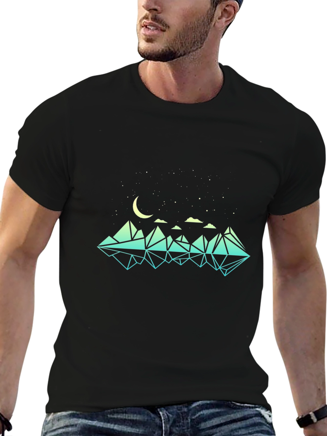 Geometric Mountain & Moon Graphic Black T-Shirt