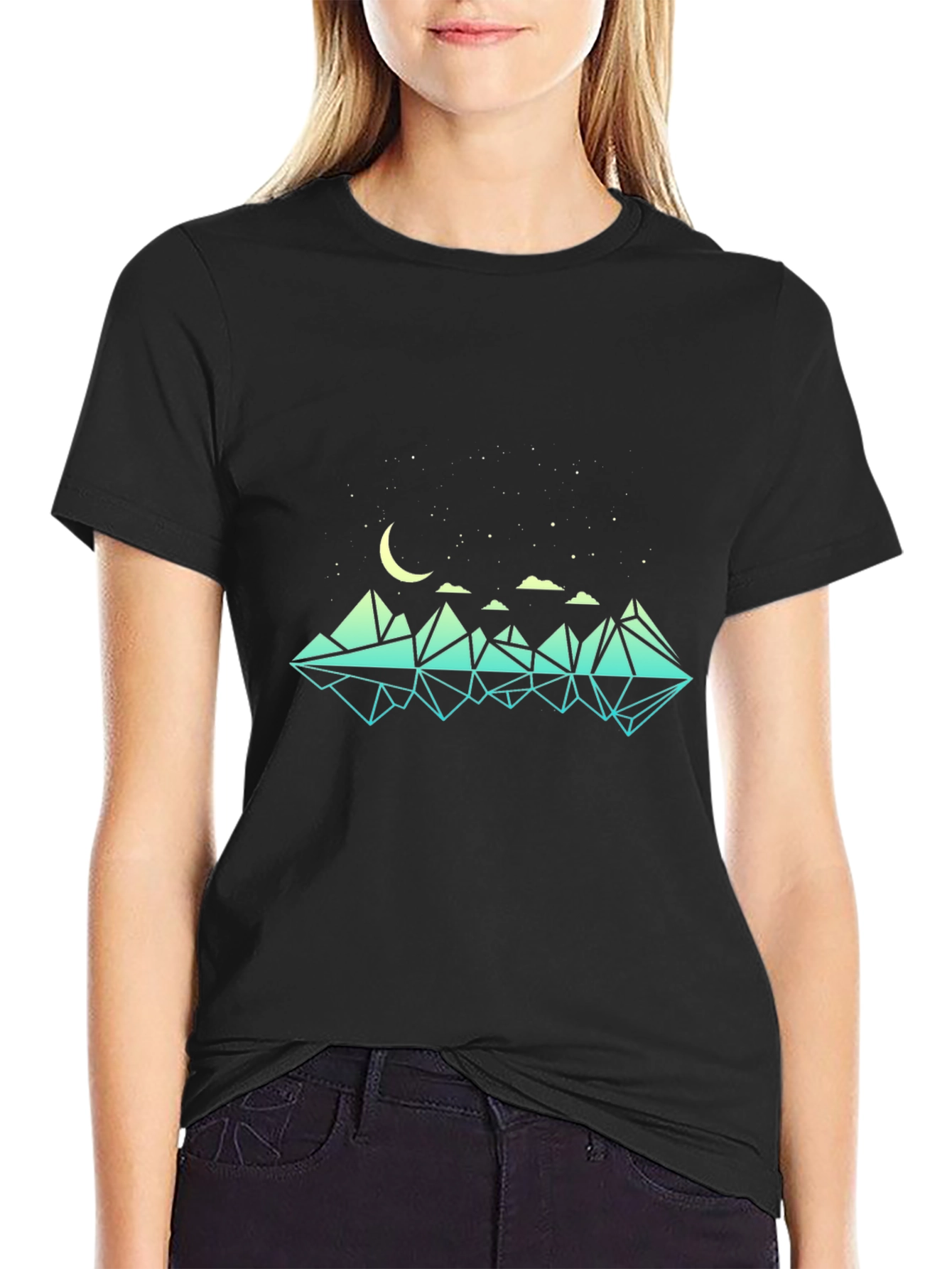 Geometric Mountain & Moon Graphic Black T-Shirt