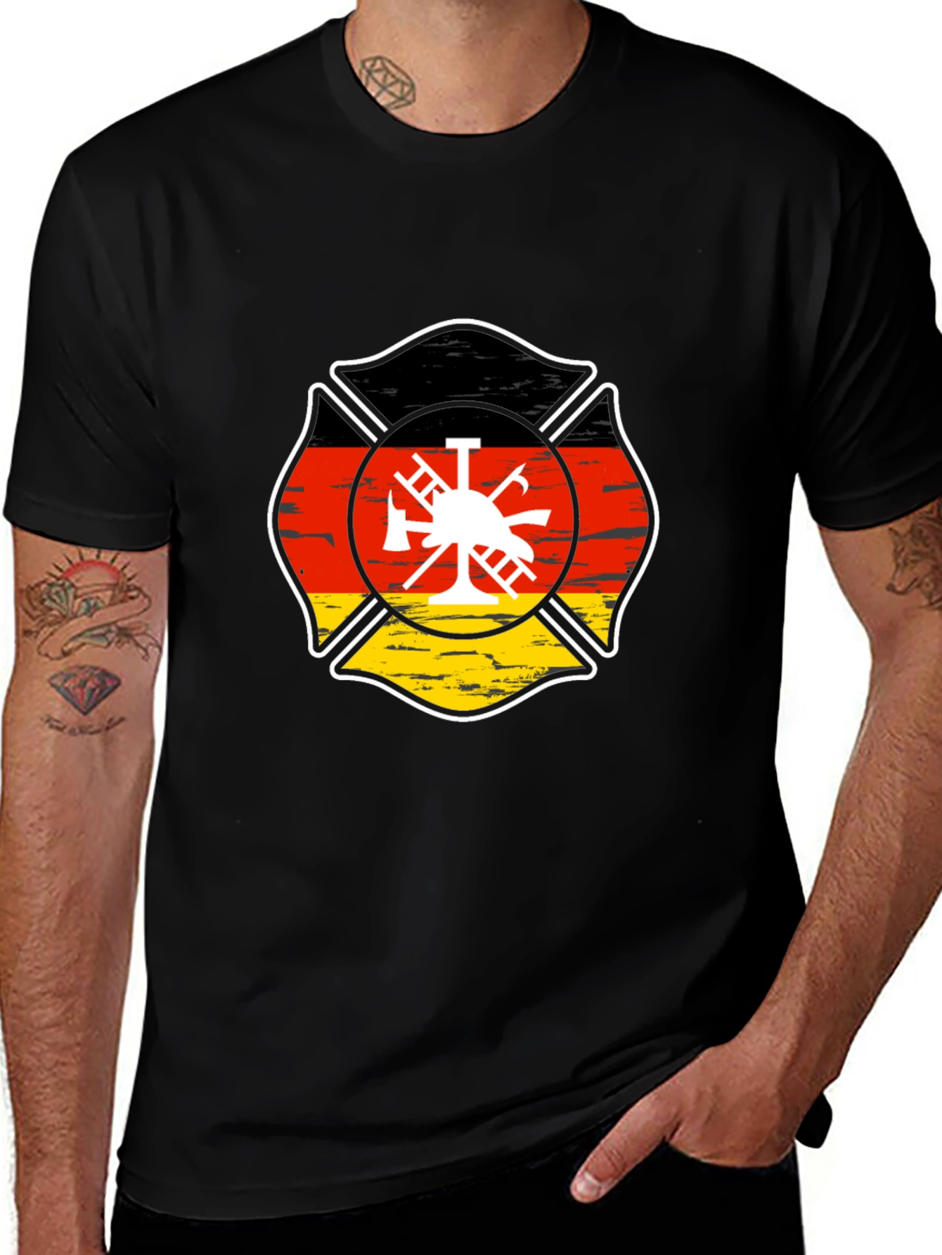 German Flag Firefighter Maltese Cross Black T-Shirt