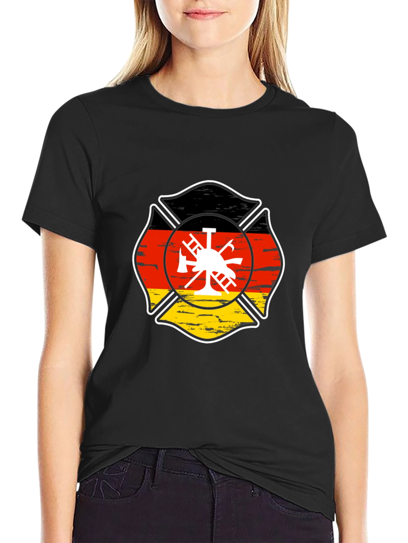 German Flag Firefighter Maltese Cross Black T-Shirt