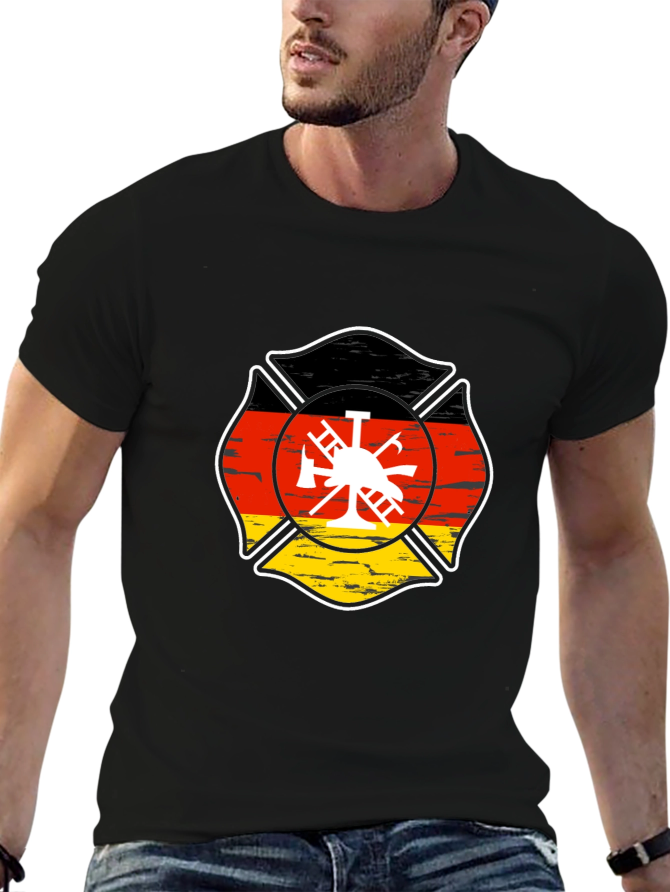 German Flag Firefighter Maltese Cross Black T-Shirt