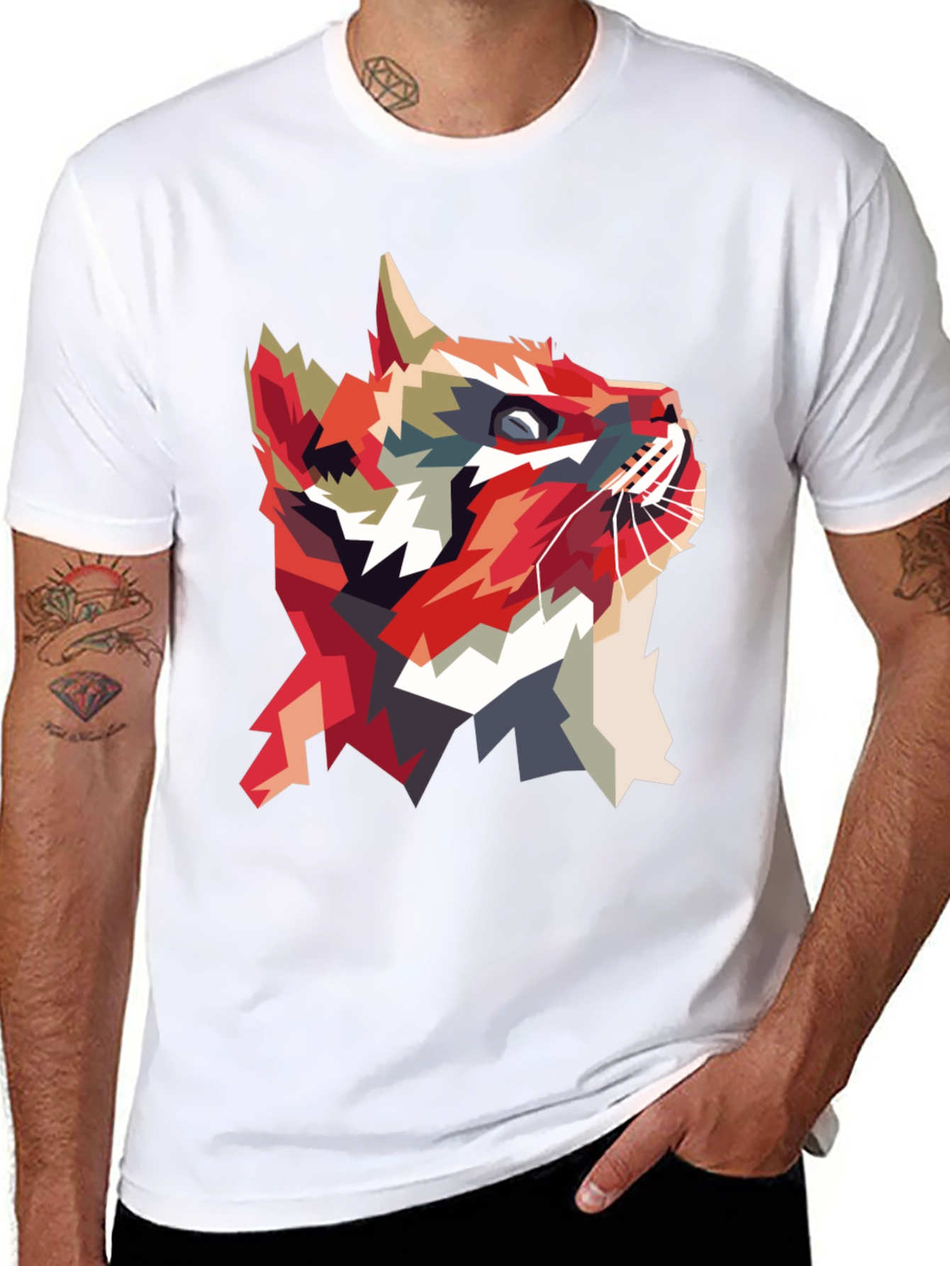 Geometric Cat Graphic T-Shirt - Abstract Animal Print