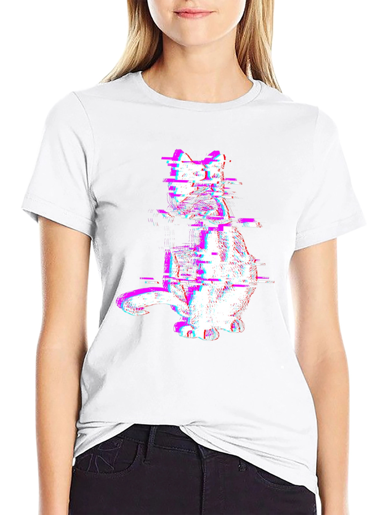 Glitch Cat Graphic Tee - Trendy Black T-Shirt