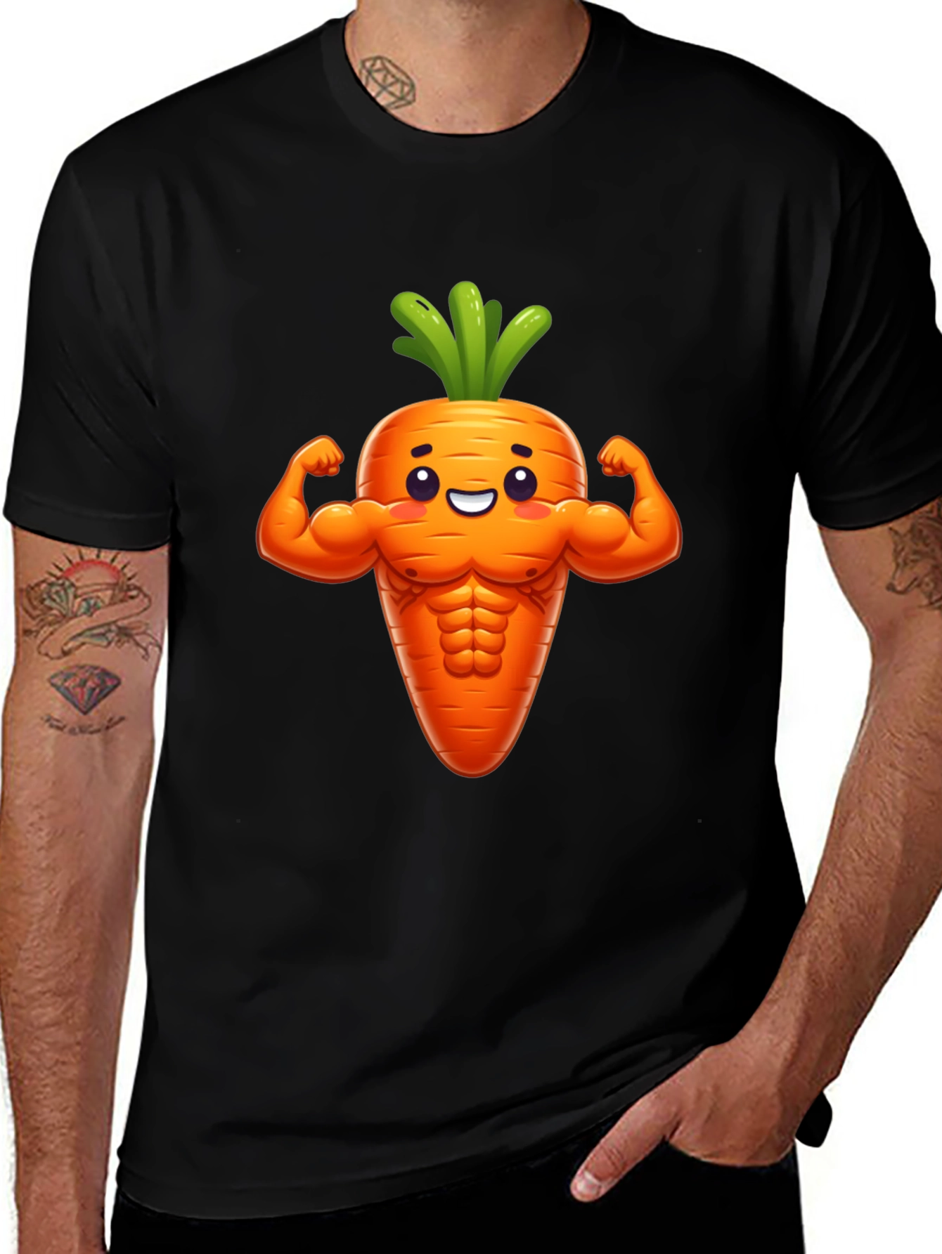 Funny Muscular Carrot Graphic Tee - Black Cotton Shirt