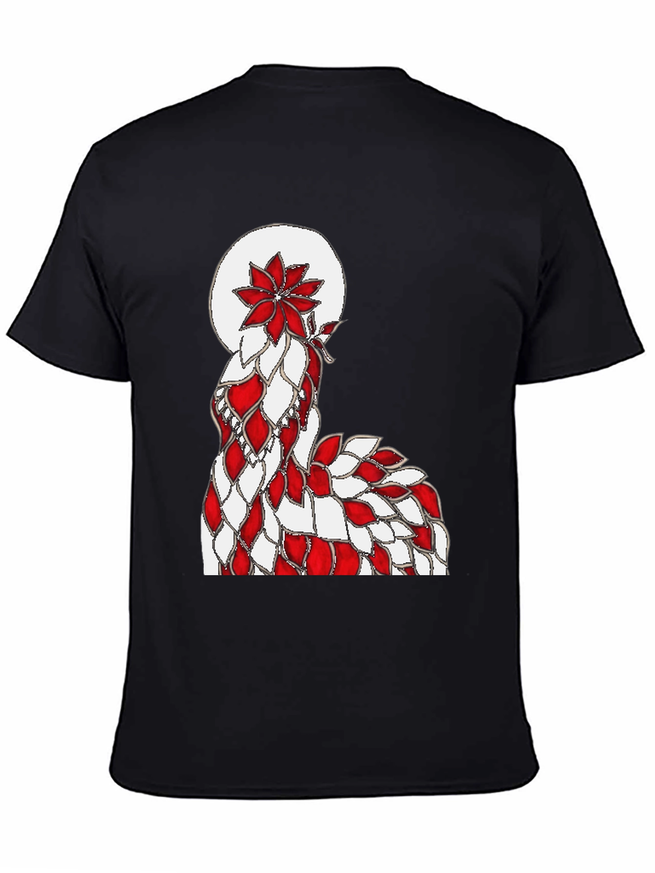 Abstract Red & White Floral Design Black T-Shirt