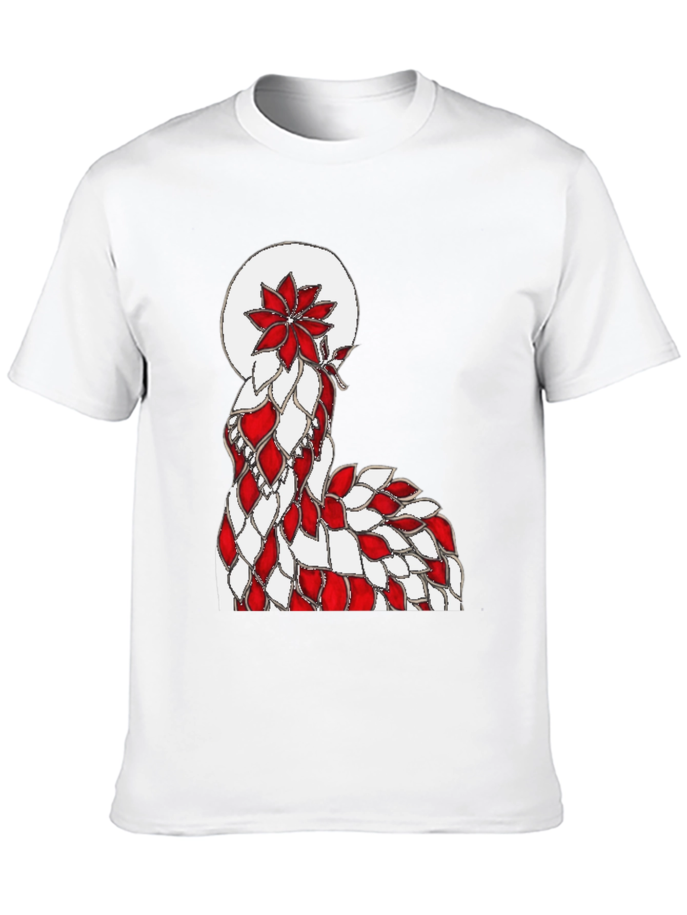 Abstract Red & White Floral Design Black T-Shirt