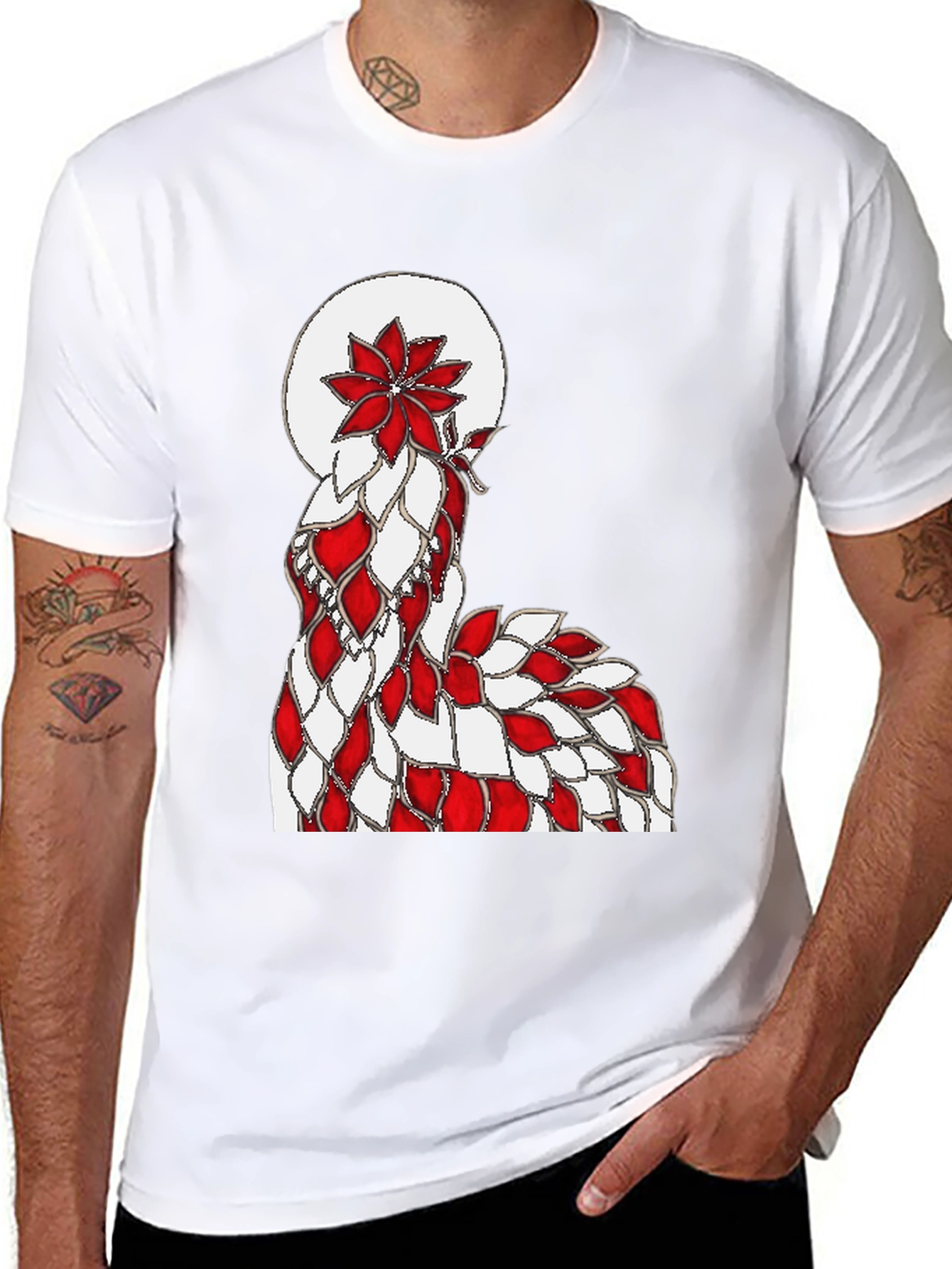 Abstract Red & White Floral Design Black T-Shirt