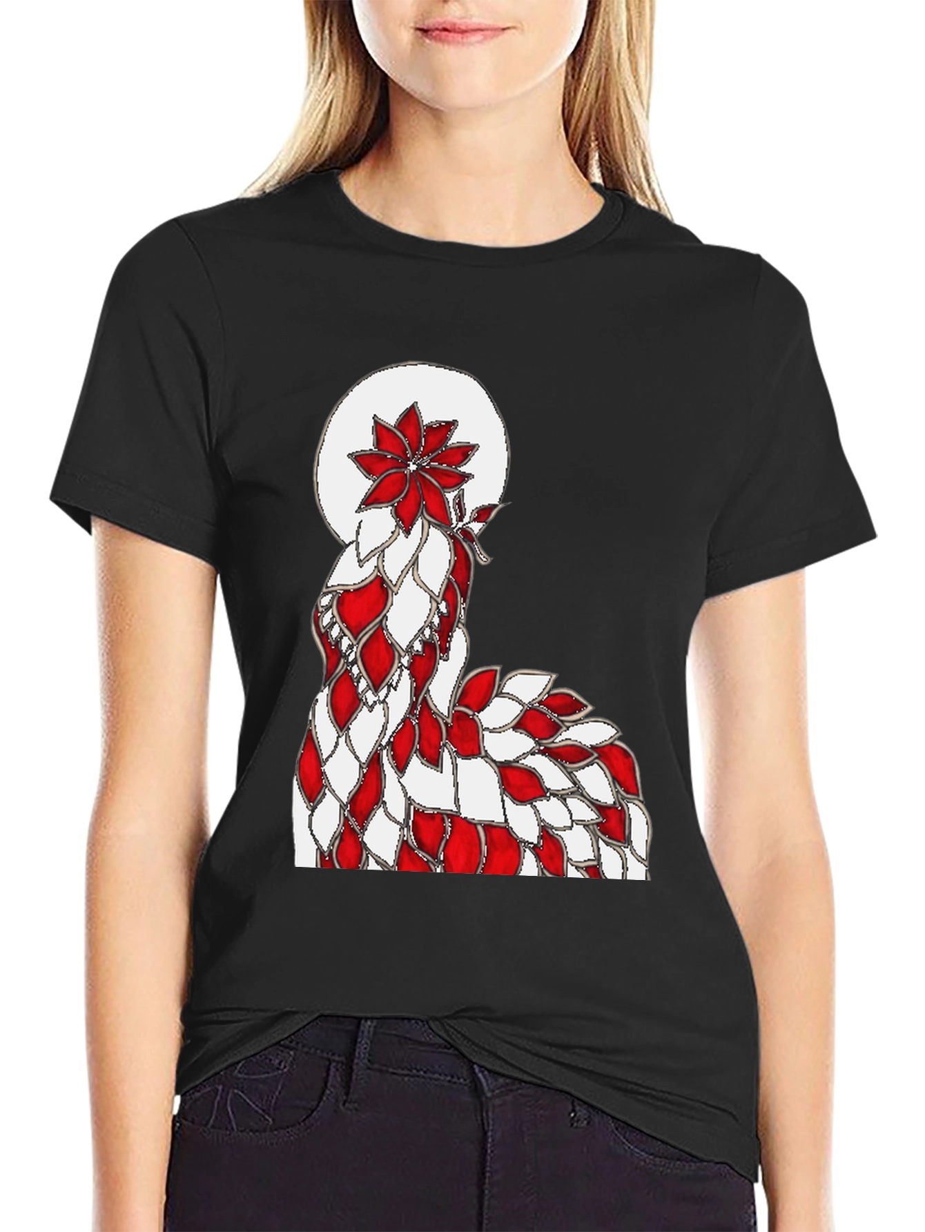 Abstract Red & White Floral Design Black T-Shirt
