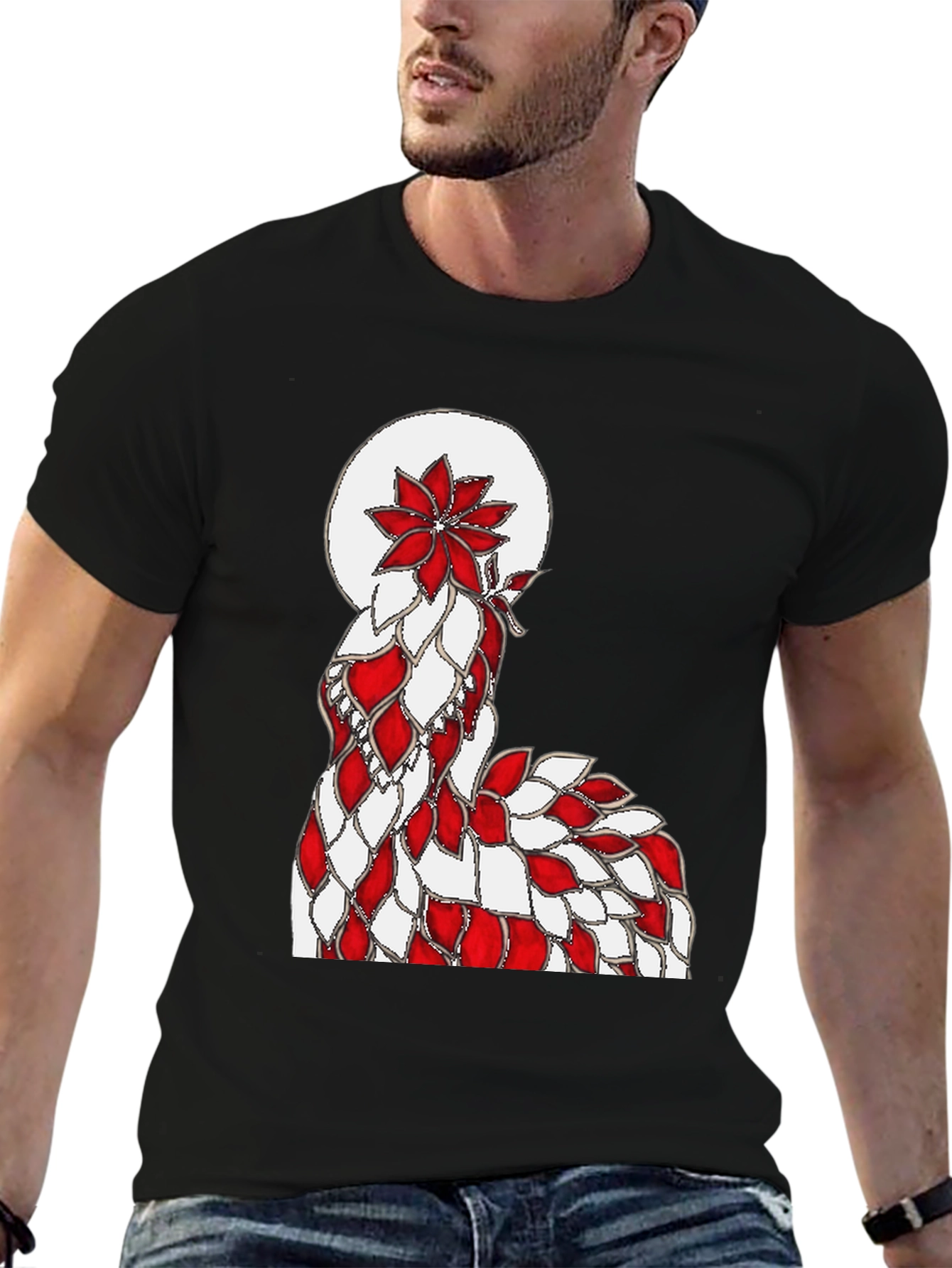 Abstract Red & White Floral Design Black T-Shirt