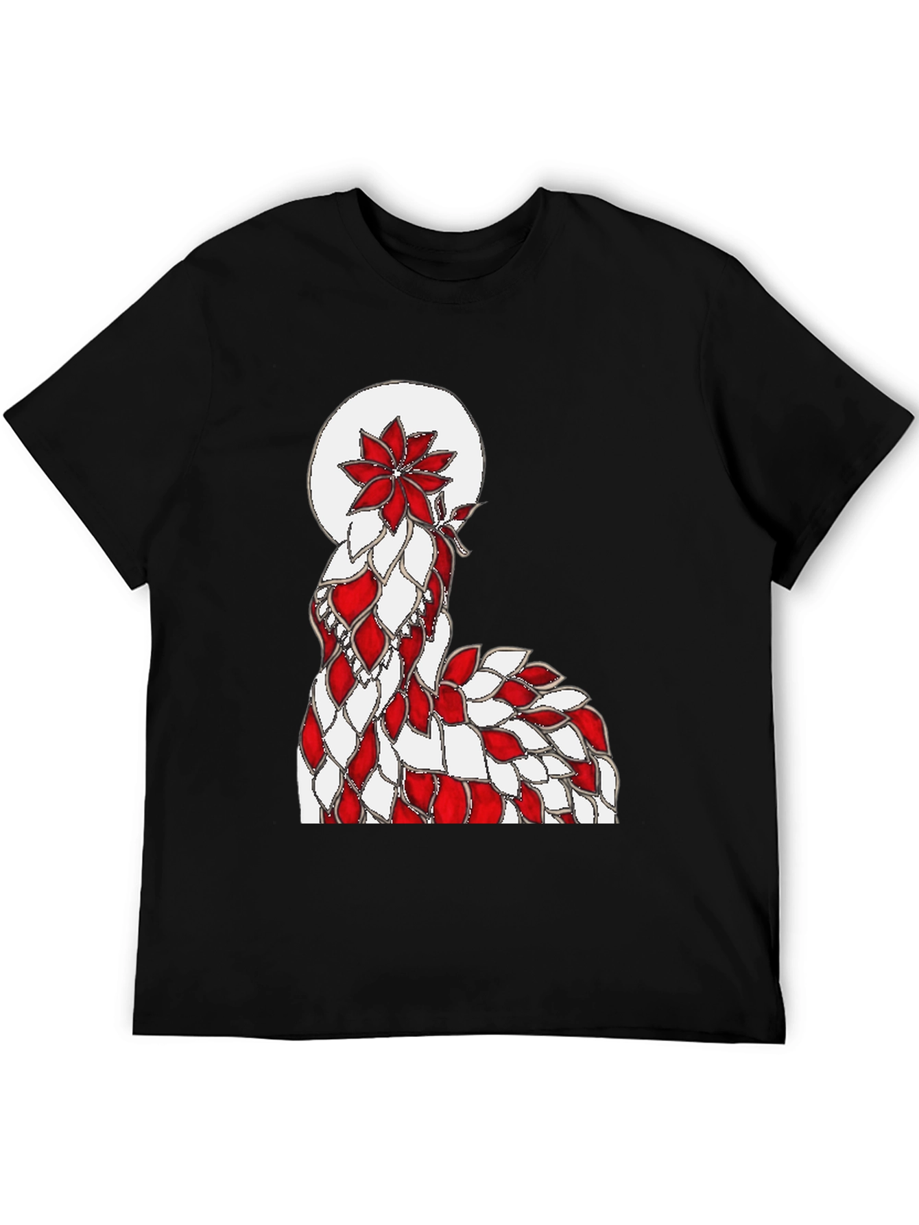Abstract Red & White Floral Design Black T-Shirt
