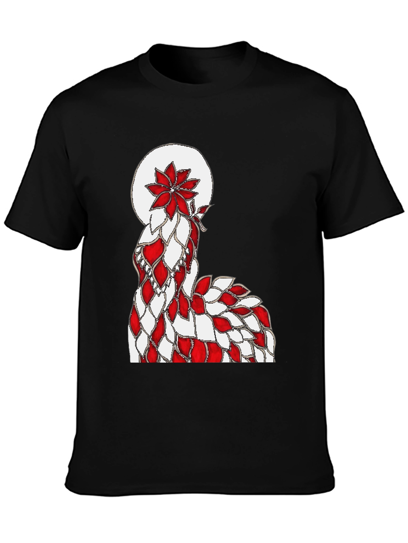 Abstract Red & White Floral Design Black T-Shirt