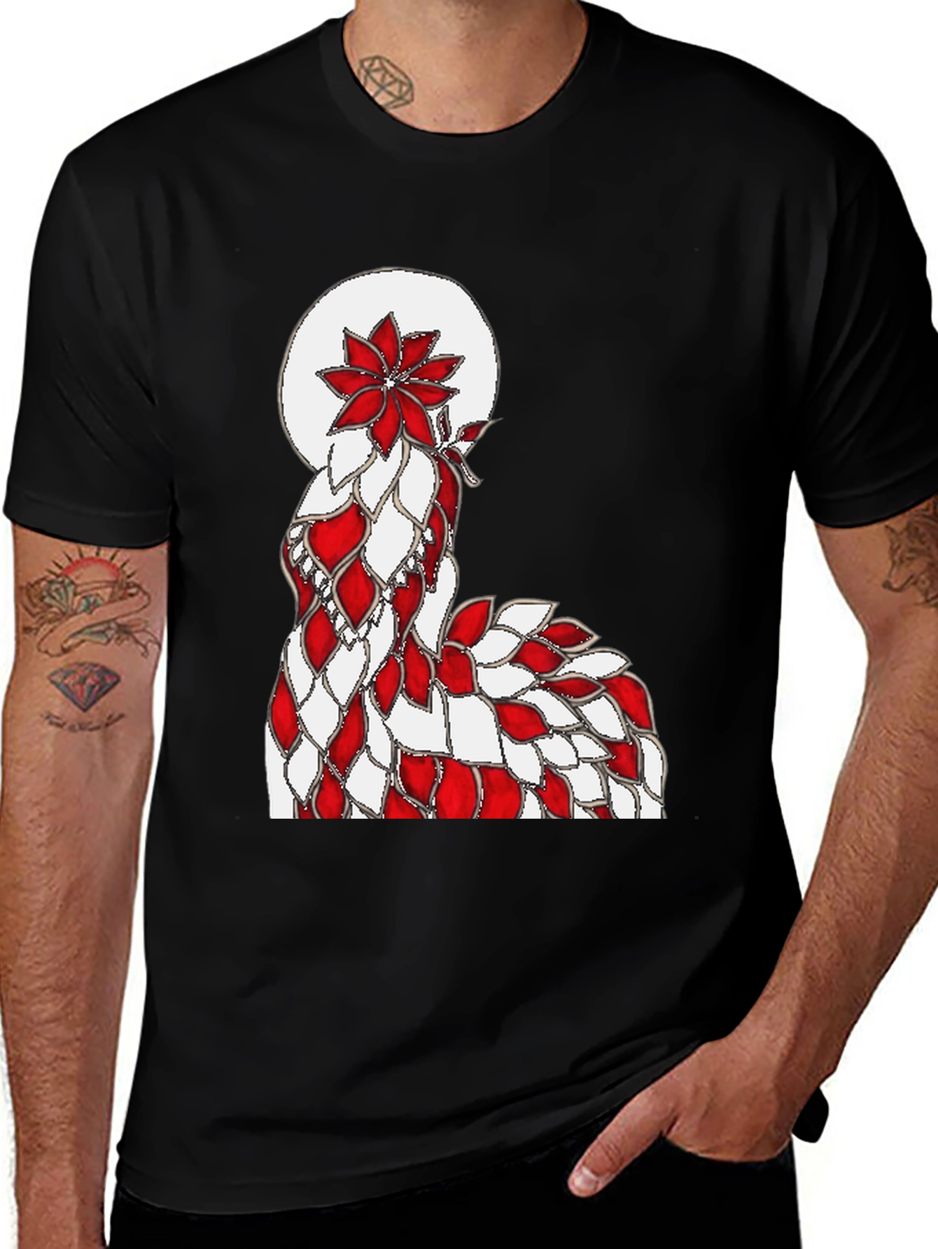 Abstract Red & White Floral Design Black T-Shirt
