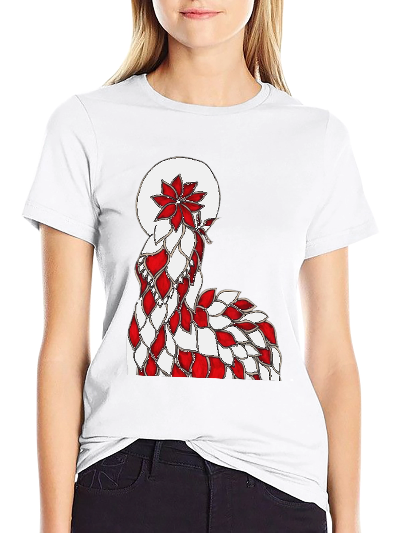 Abstract Red & White Floral Design Black T-Shirt