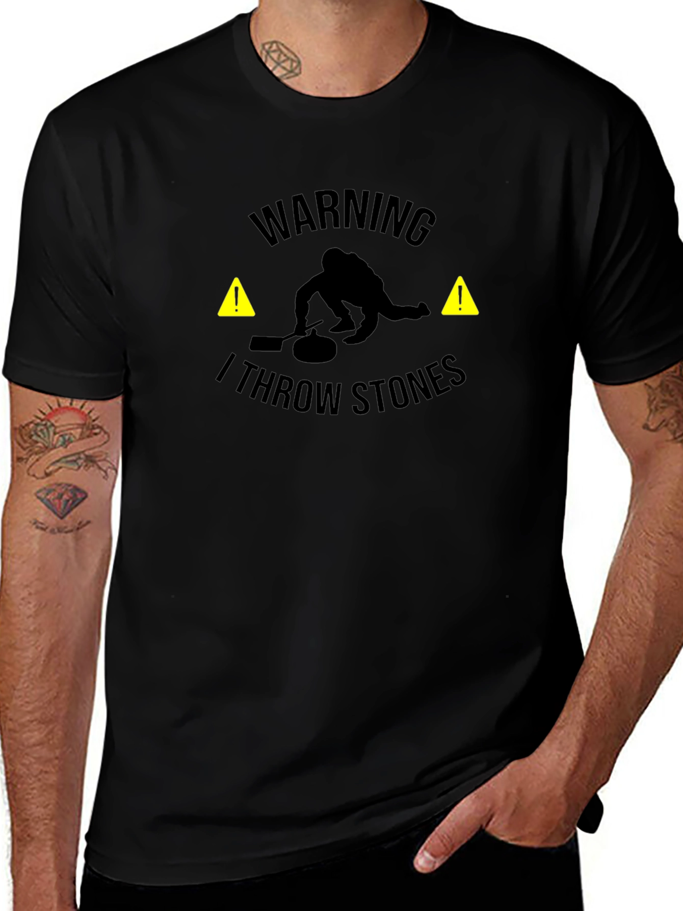 Warning I Throw Stones Black Graphic T-Shirt