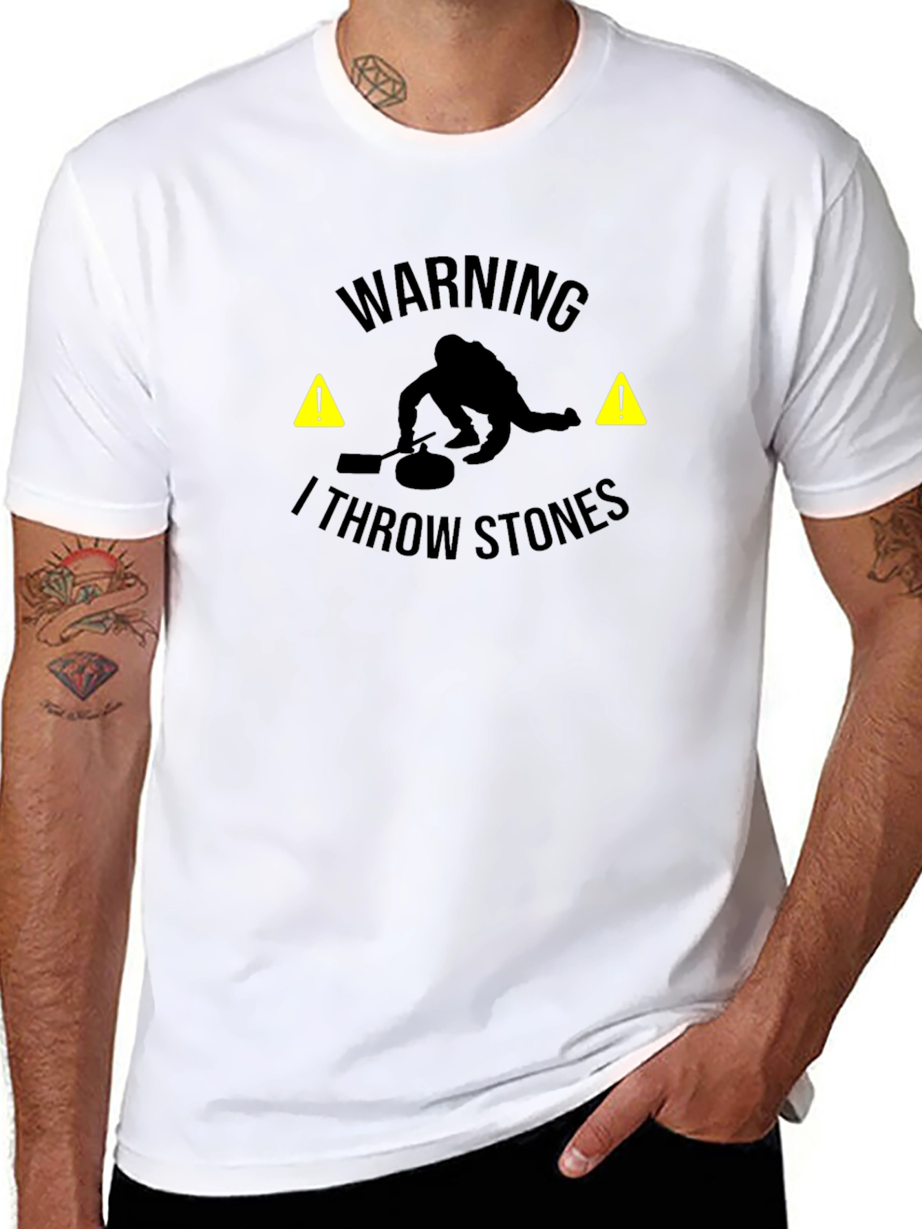 Warning I Throw Stones Black Graphic T-Shirt