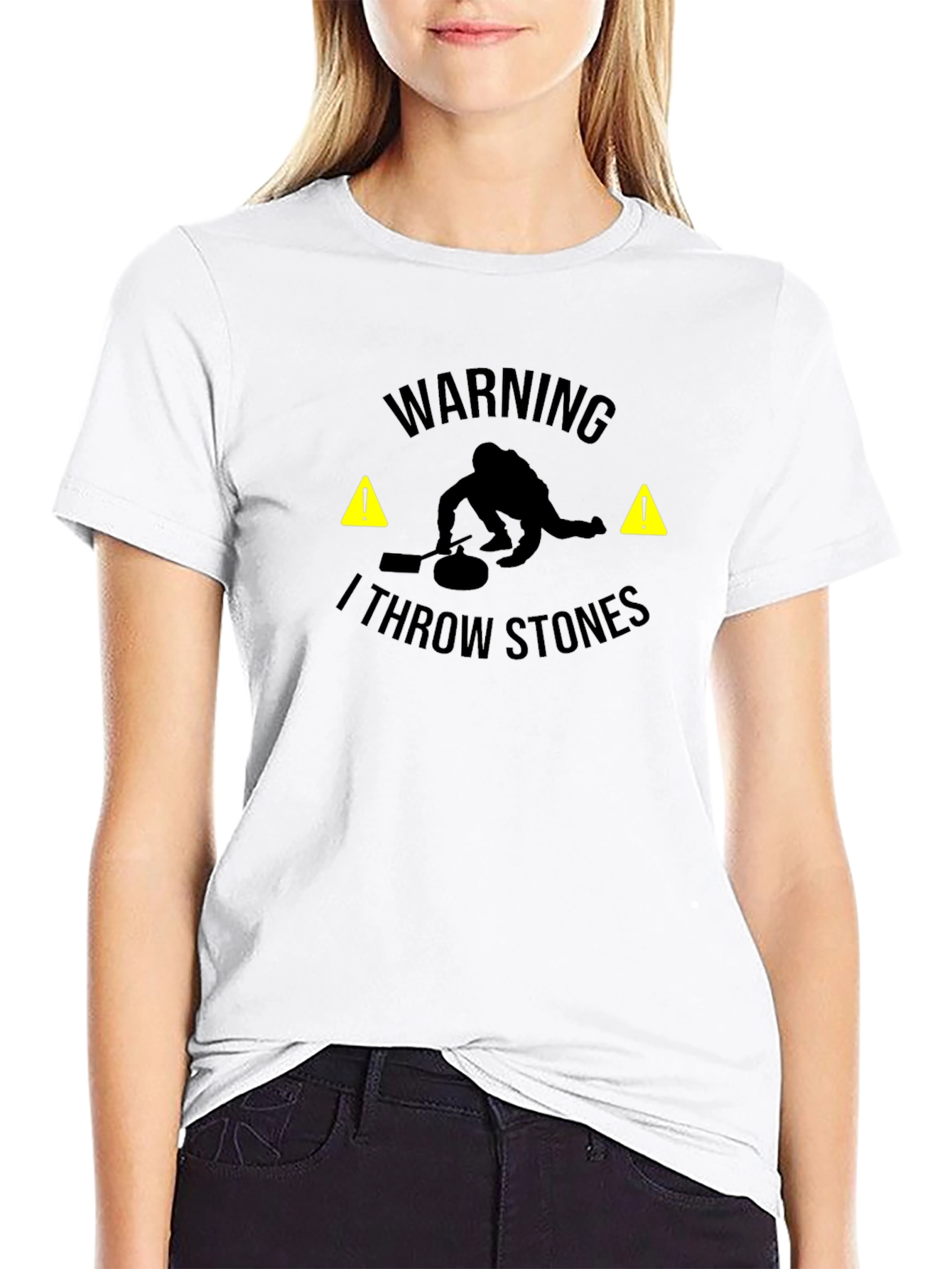 Warning I Throw Stones Black Graphic T-Shirt