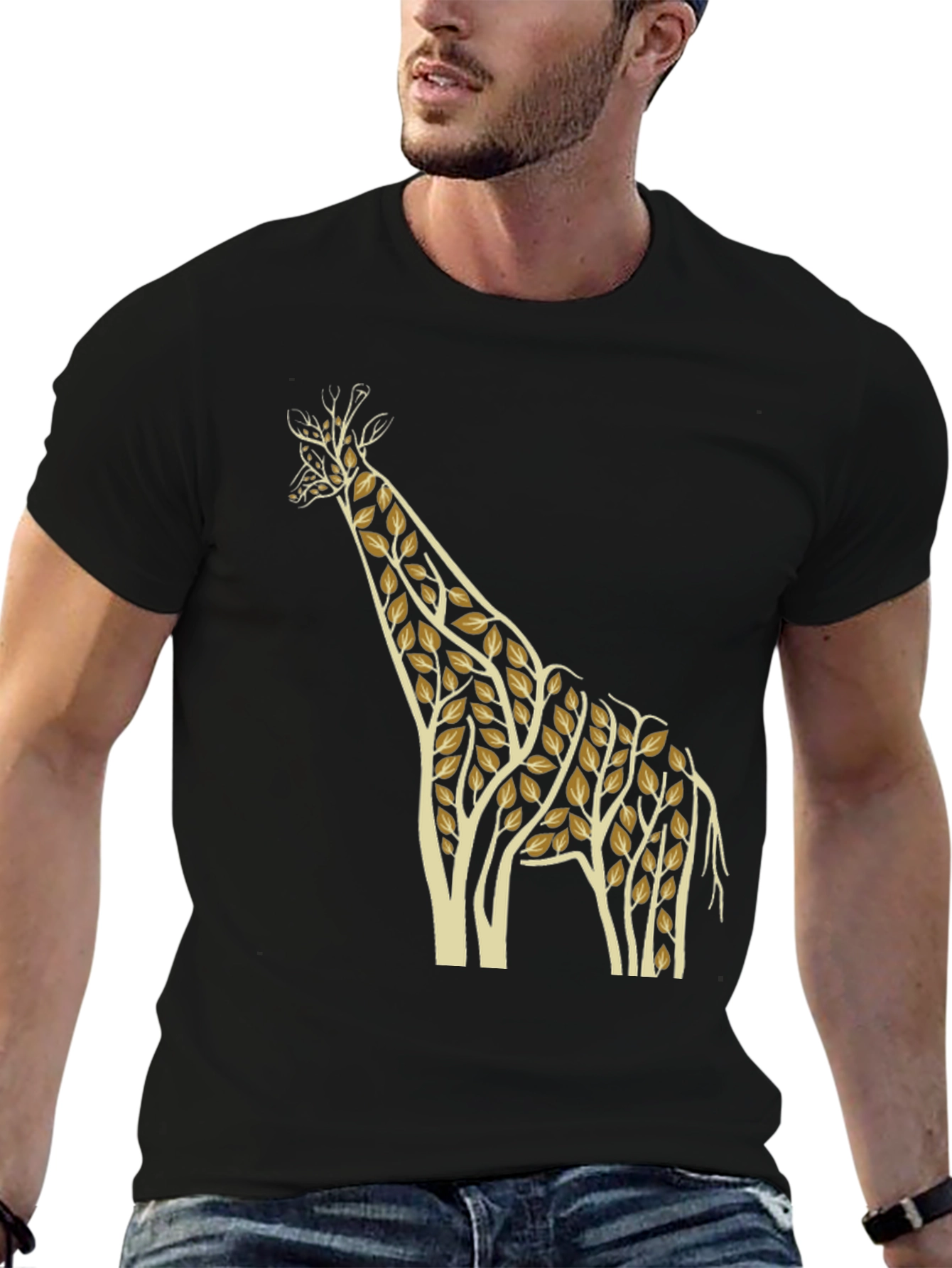 Giraffe Leaf Print Black T-Shirt