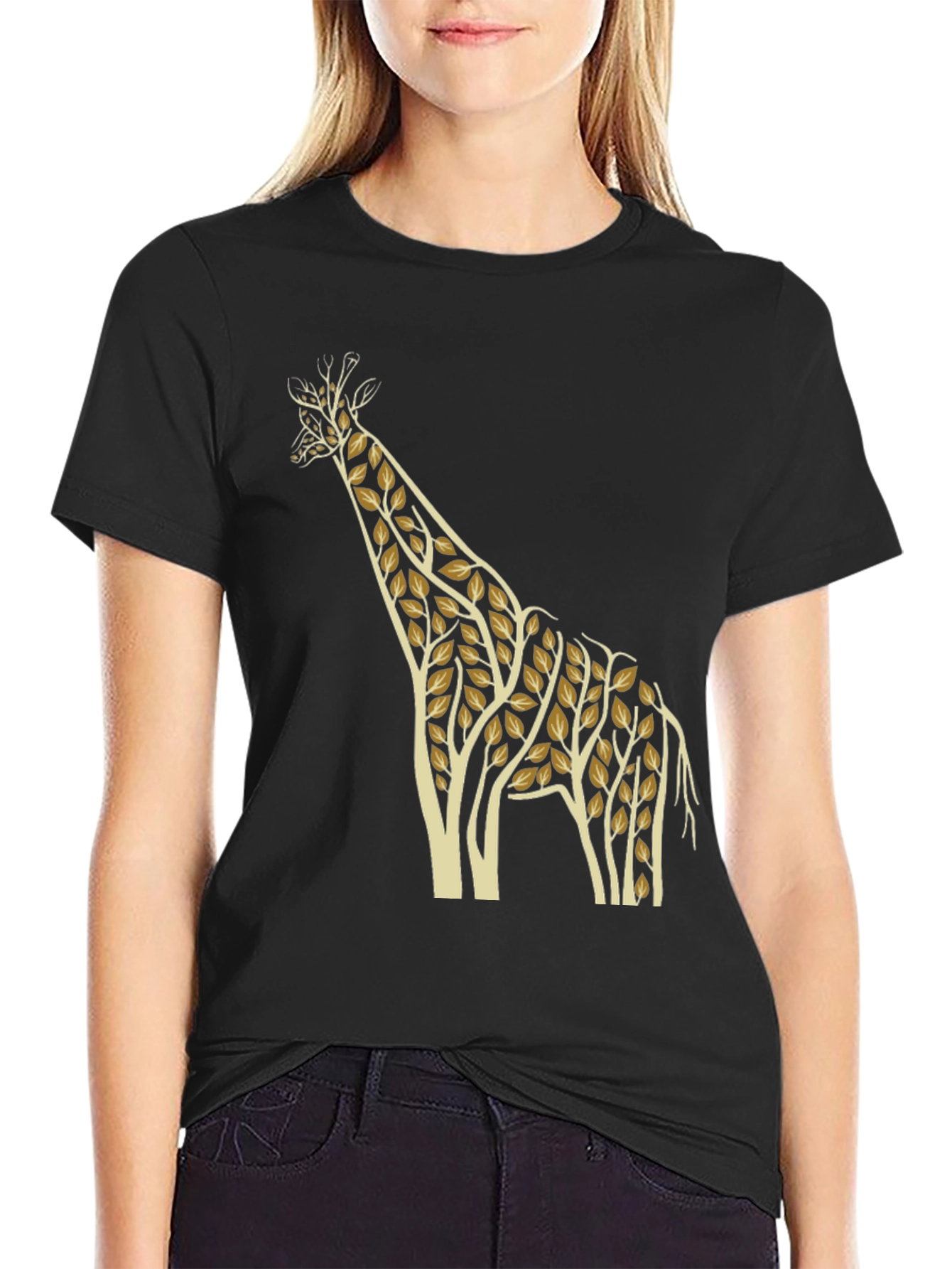 Giraffe Leaf Print Black T-Shirt