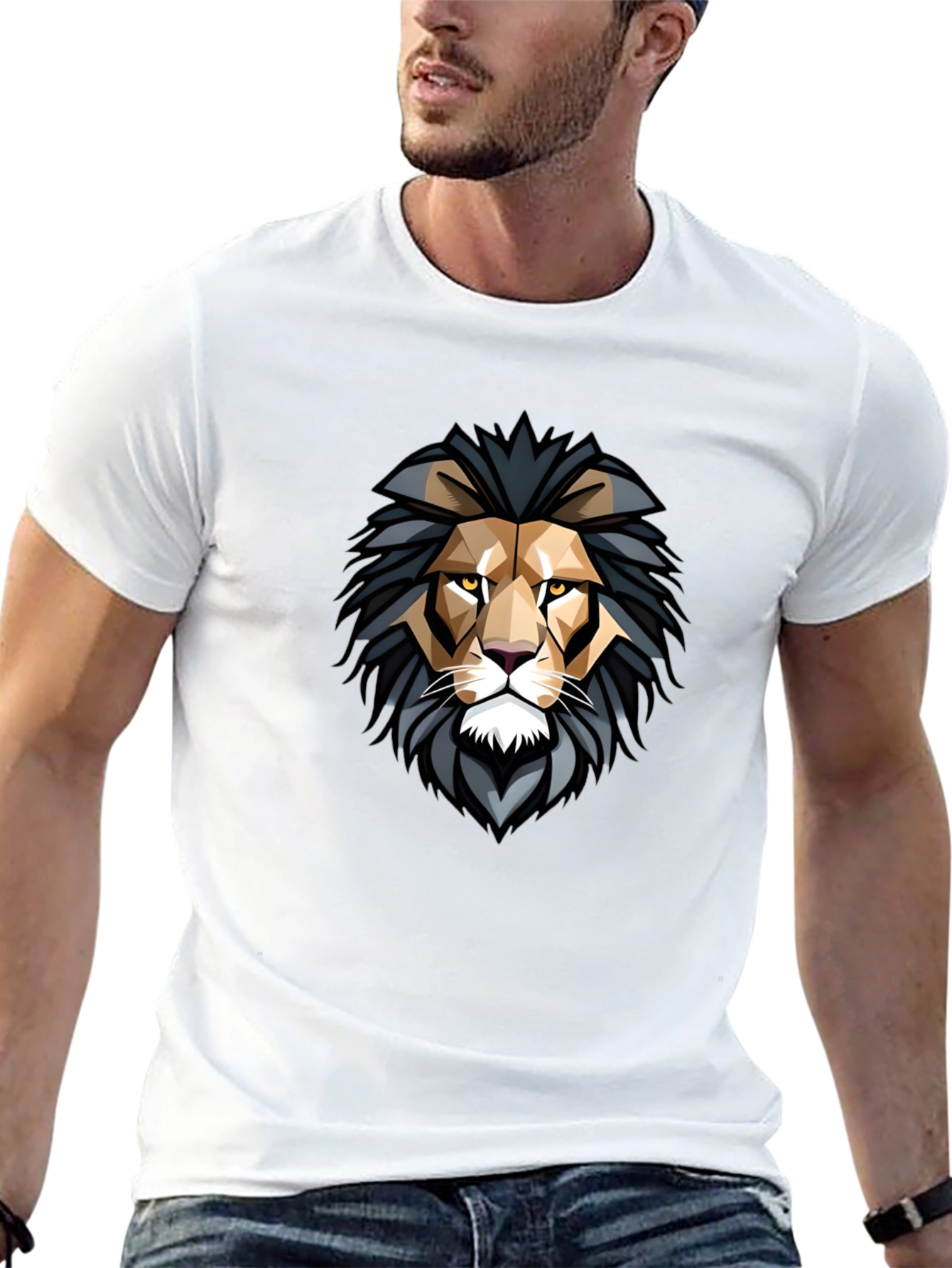 Geometric Lion Head Graphic Black T-Shirt