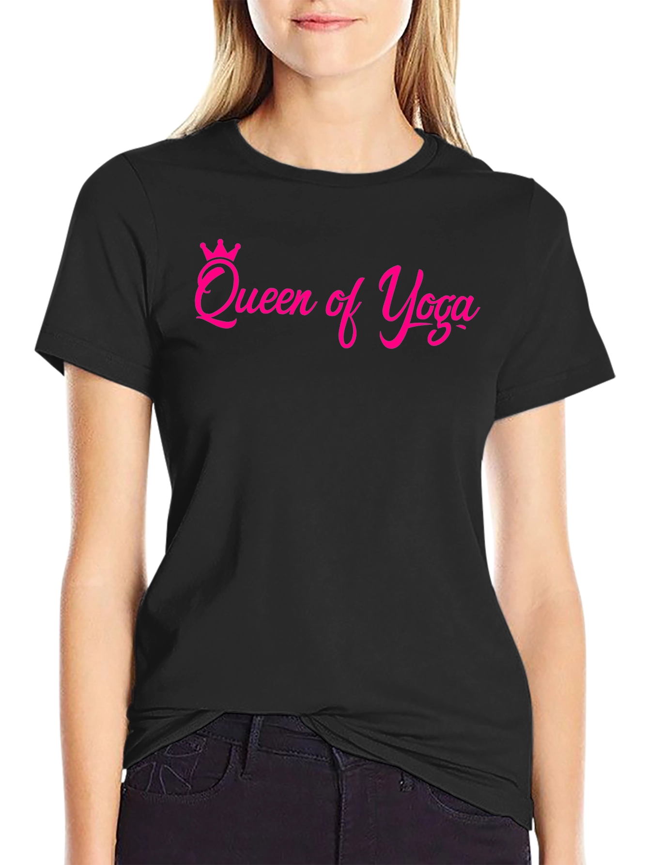 Queen of Yoga T-Shirt - Pink Design on Black