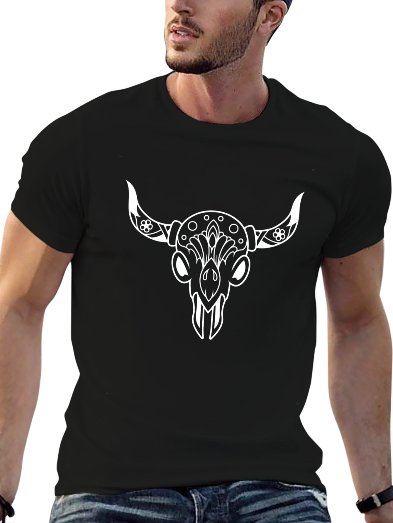 Bull Skull Graphic Tee - Black Cotton T-Shirt