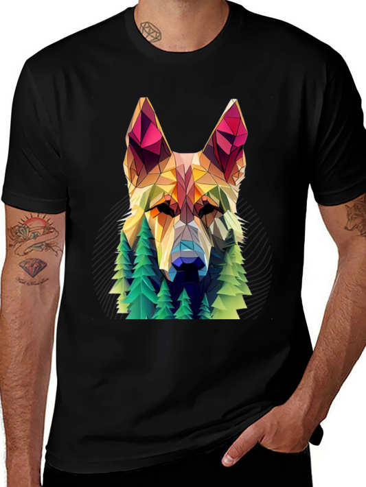 Geometric Dog & Trees Graphic Tee - Mens Black T-Shirt