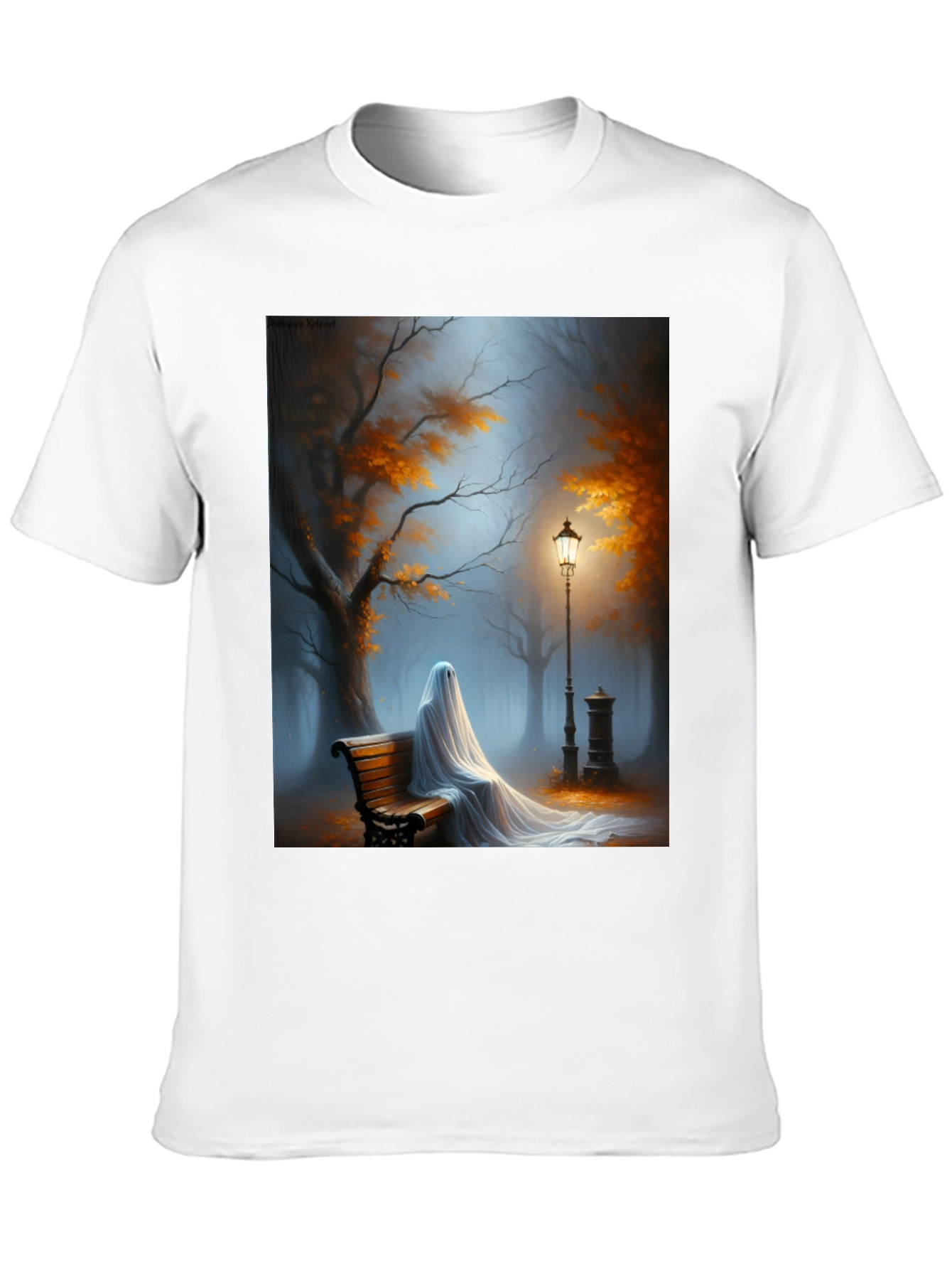 Ghostly Park Bench Graphic Tee - Spooky Season Shirt